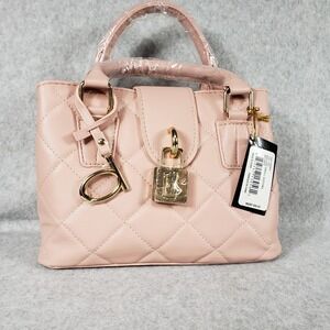 Bebe Quilted Small Satchel Handbag‎ Purse Pink Gold Lock Charm Detachable Strap